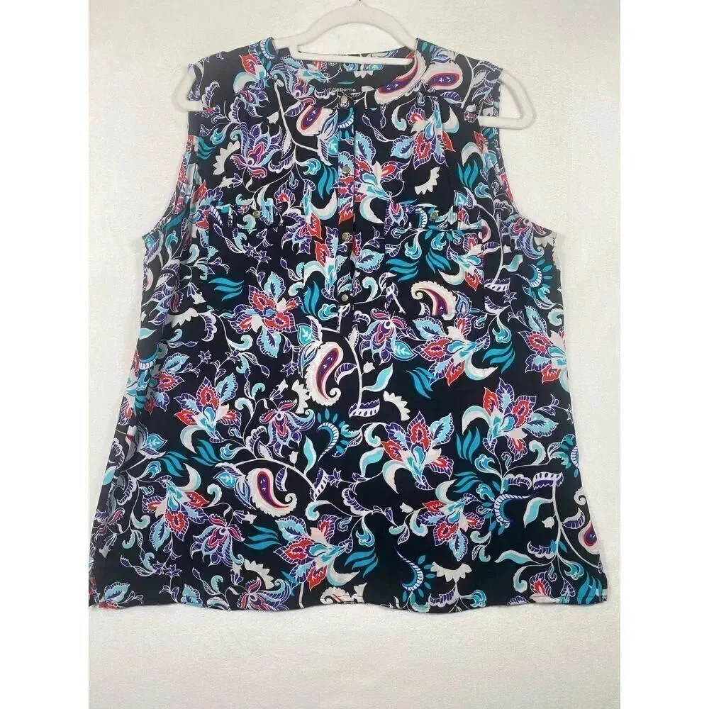 Liz Claiborne Women’s Sleeveless Career Top Blouse Paisley Floral Navy Size L
